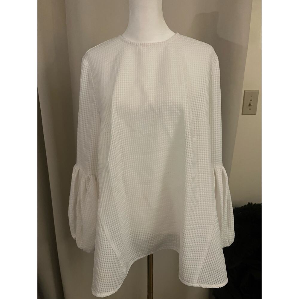 REBECCA VALLANCE Sz 10 White Blouse Puff Sleeve Waffle Knit